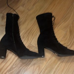 Suede 3 inch heel lace up booties very elegant. Looks new with no signs of wear